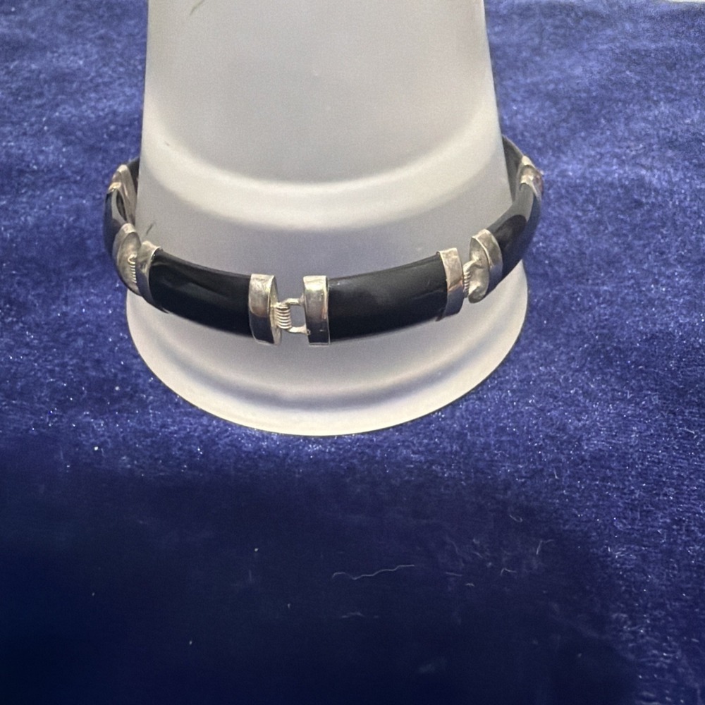 Vintage Chinese 925 Sterling Silver Faceted Black Onyx Bracelet 7"
